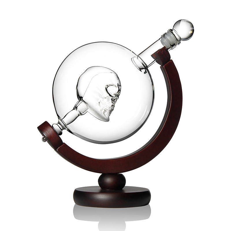 High Borosilicate Skull Decanter Dispenser Cup Set Globe Shape with Wooden Base