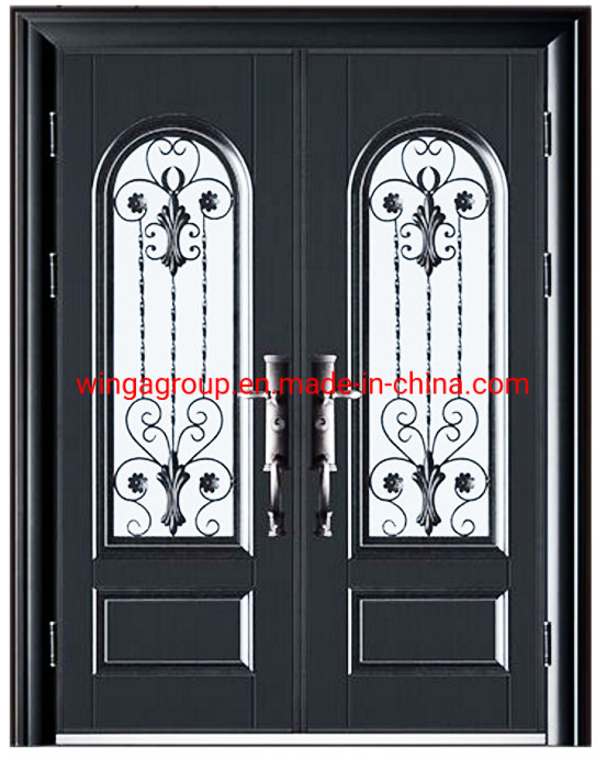 Black Colour Wrought Iron Security Steel Glass Metal Single and Double Entry Front Entrance Door