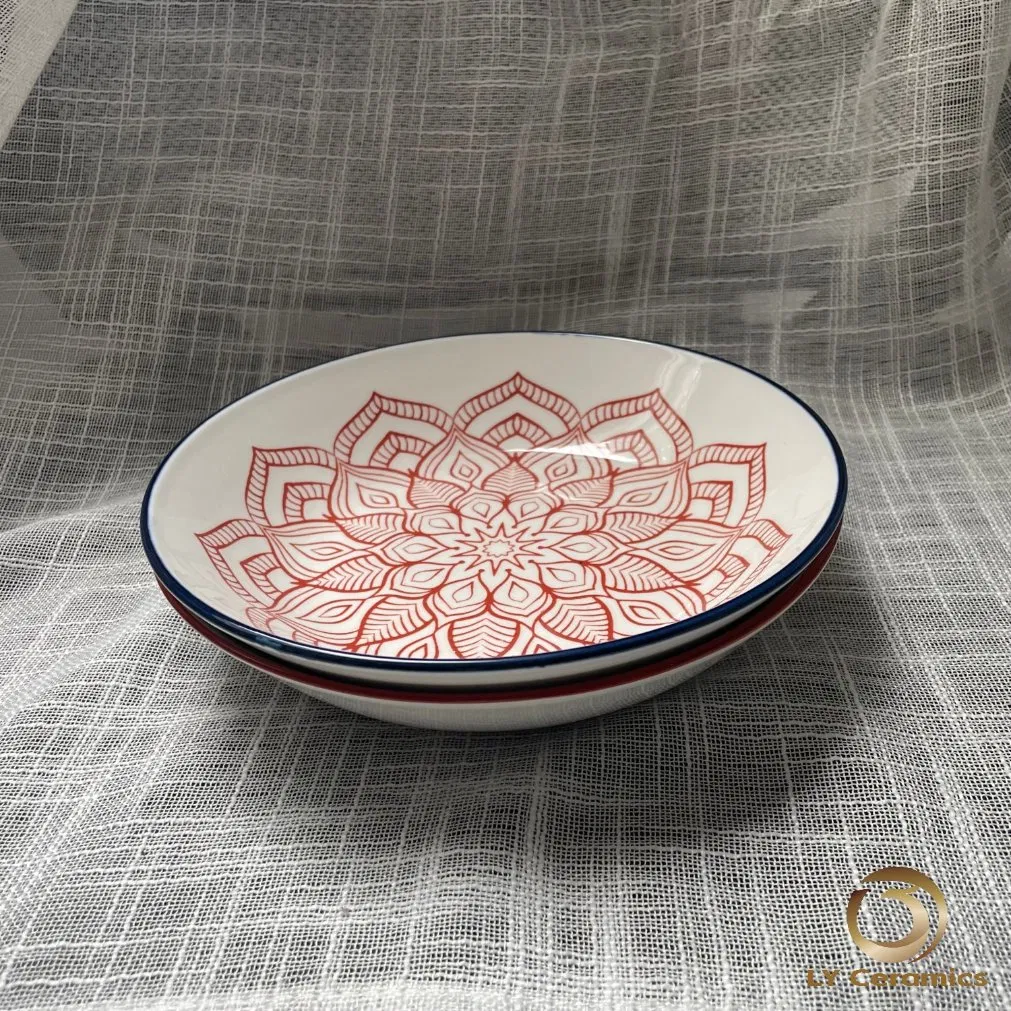 Eco-Friendly 8"Soup Plate Pad Printing blue Red Flower Porcelain Ceramic Kitchenware Tableware