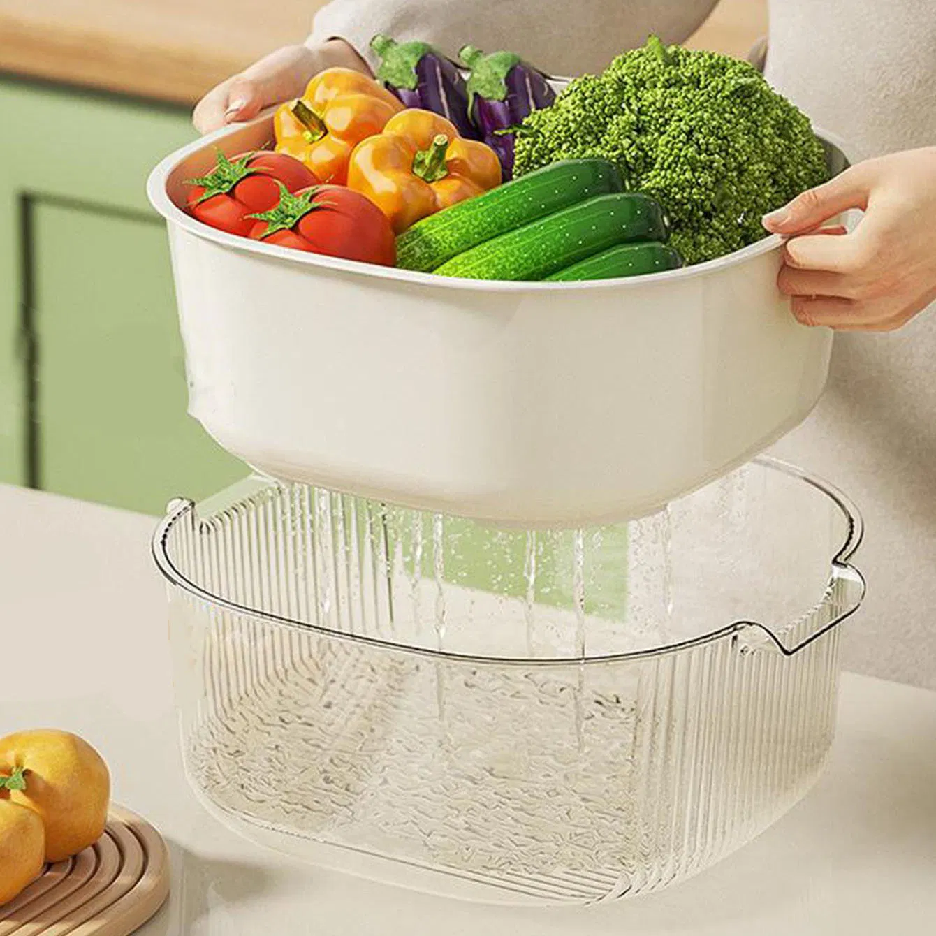 3 in 1 Set Thickened Kitchen Storage Plastic Double Layer Draining Basket