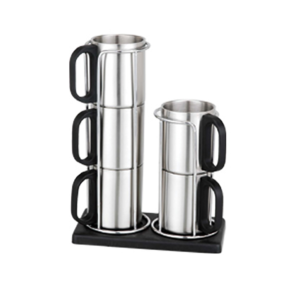 Stainless Steel Double-Layer Coffee Mugs Set with Metal Rack Stackable