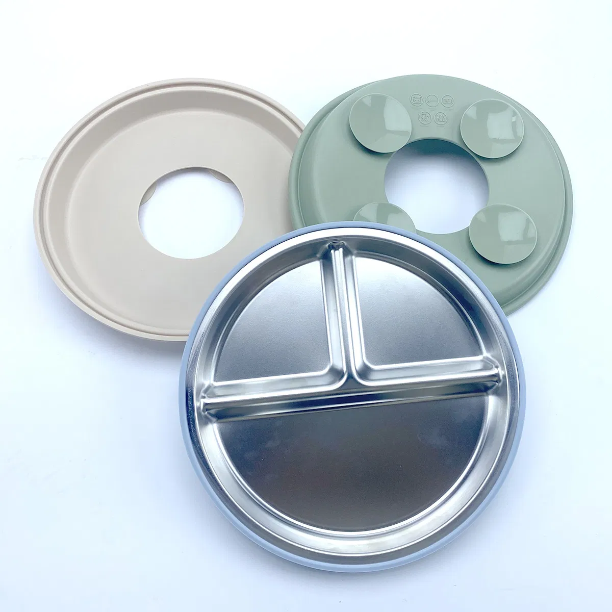 9inch Baby Snack Dishes Stainless Steel Toddler Divided Plate with Suction & Removable Silicone Sleeves for Kids
