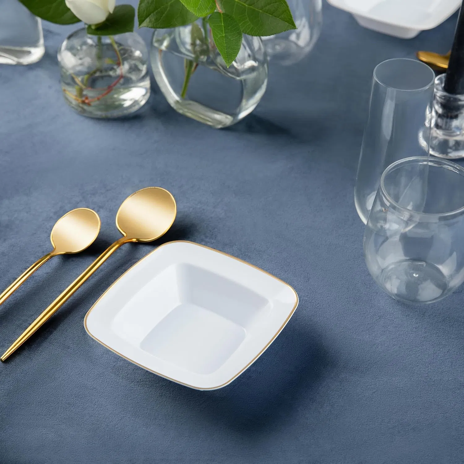 Elegant White Plastic Bowls with Gold Trim for Parties