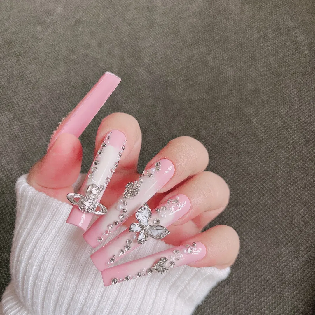Super Long Coffin Pink Rhinestone Acrylic French Nail Art Luxury Press on Nails False Artificial Fingernails Fake Nails