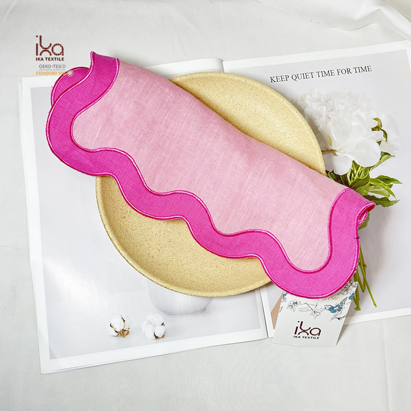 Rose Irregular Scalloped Rustic Aesthetic Home Decor Linen Custom Logo Printed Embroidery Hemstitch Plain Cloth Table Napkins