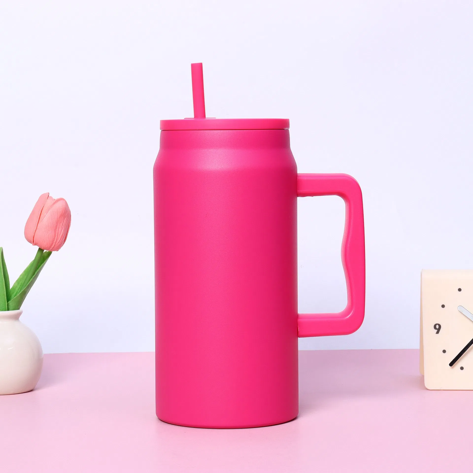 50oz Double Wall Stainless Steel Insulated Cup Car Handle Ice Water Bottle Thermo with Lid and Straw Powder Coated Tumblers