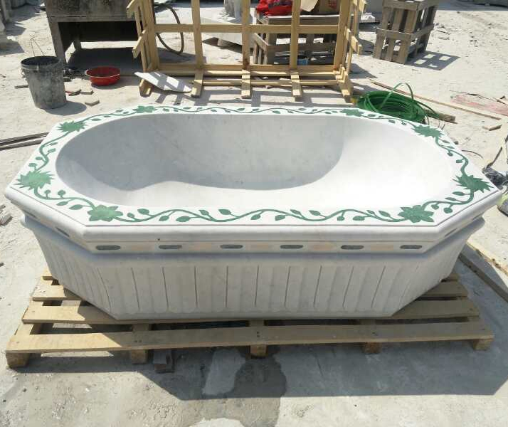 Beautiful Design Handmade White Marble Green Flower Pattern Bathtub (SYBT-002)