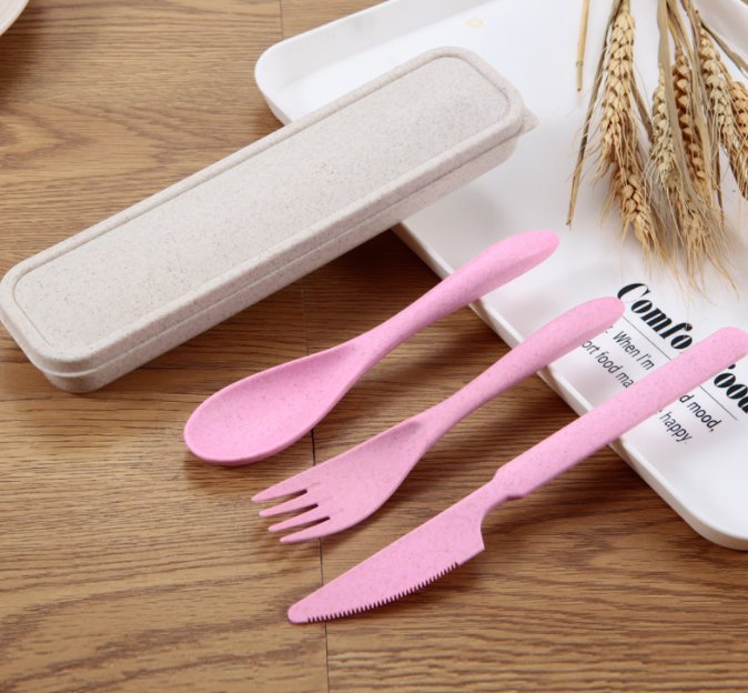 Eco Friendly Biodegradable Wheat Straw Fiber Fork Spoon Knife Flatware Travel Cutlery Set