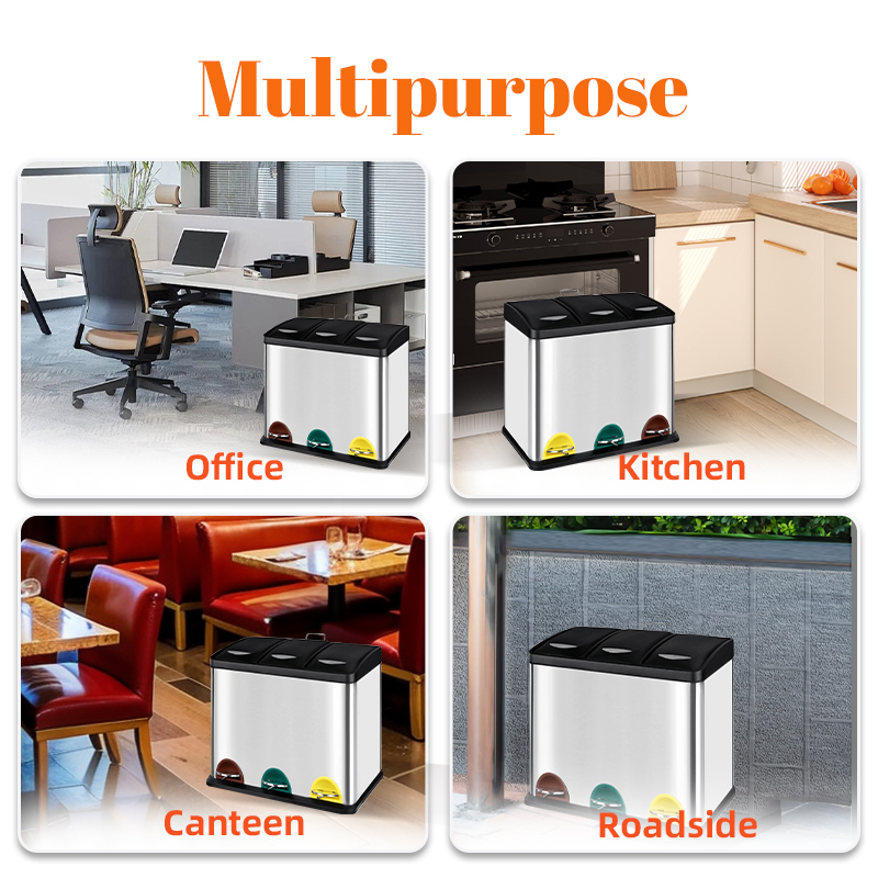 Daosheng 3 Compartments Classified Stainless Steel Trash Can 45L Large Capacity Recycling Garbage Bin Kitchen Pedal Waste Bin