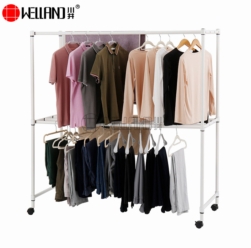 2025 New Design Adjsutable 2 Tier 8 Steel Clothing Hanger Dying Rack with Wheels for Hanging Clothes, Towel, Coats, Skirts, White