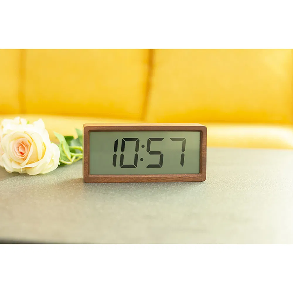 Solid Wooden LCD Alarm Snooze Clock Light Blue Backlight