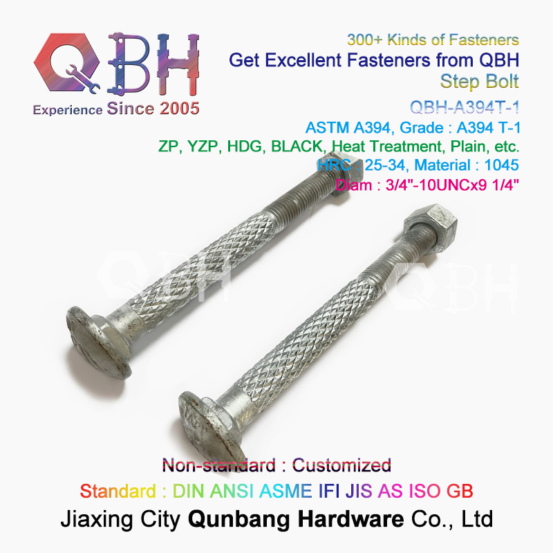 Qbh Customized ASTM A394-1 HDG Zp Yzp Plain Dacromet Geomet Carbon Steel Steel Structure Tower Carriage Knurl Round Head Double Step Bolt and & Nut Assembly