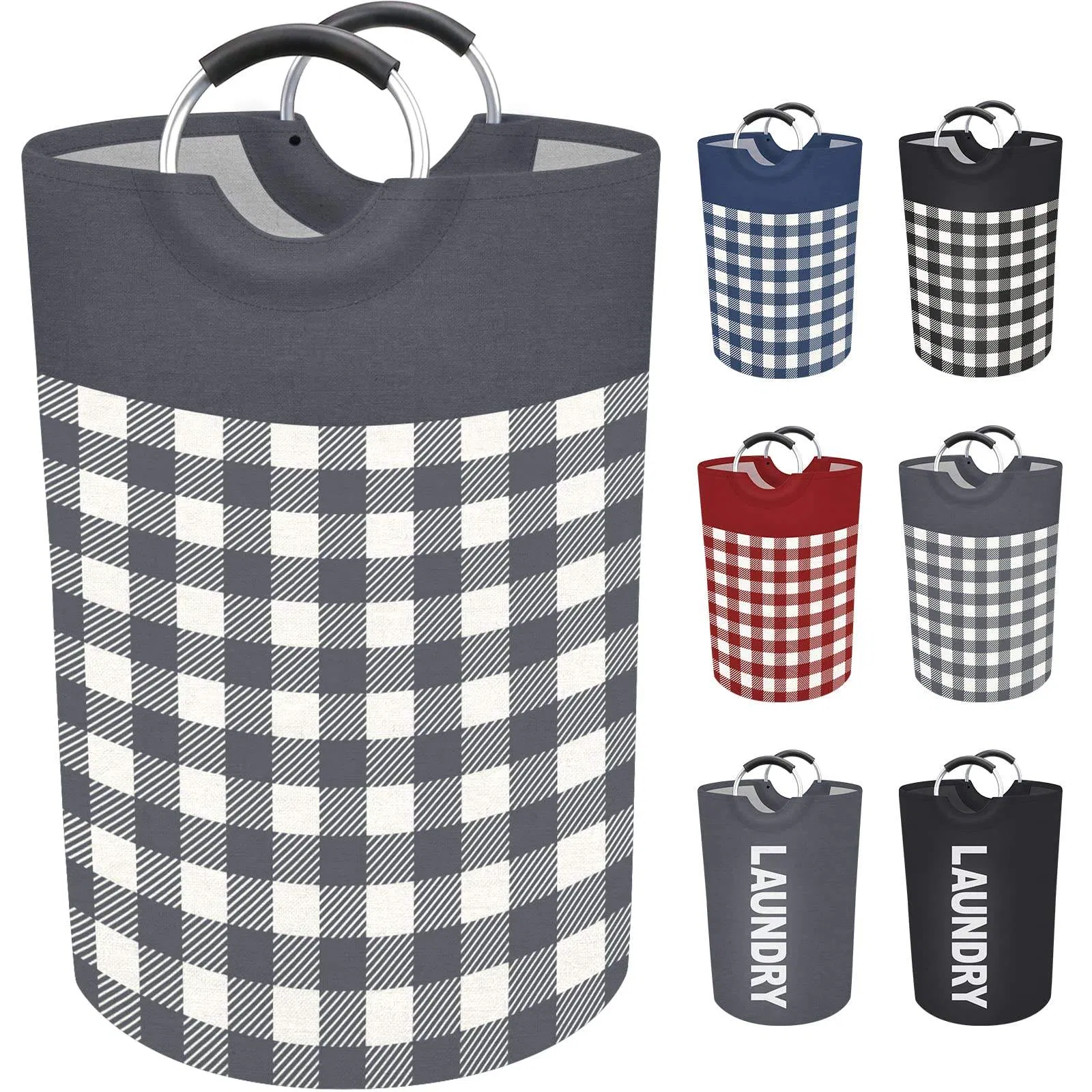 Collapsible Plaid Laundry Basket Hamper with Handles-Ideal for Barhroom Storage