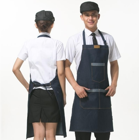 Denim Jean Kitchen Apron with Leather Piece for Bar Taff