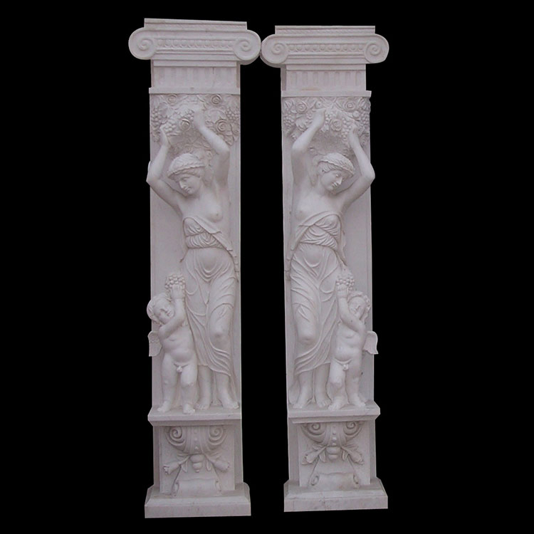 Square White Marble Pillar with Relief of Woman and Child