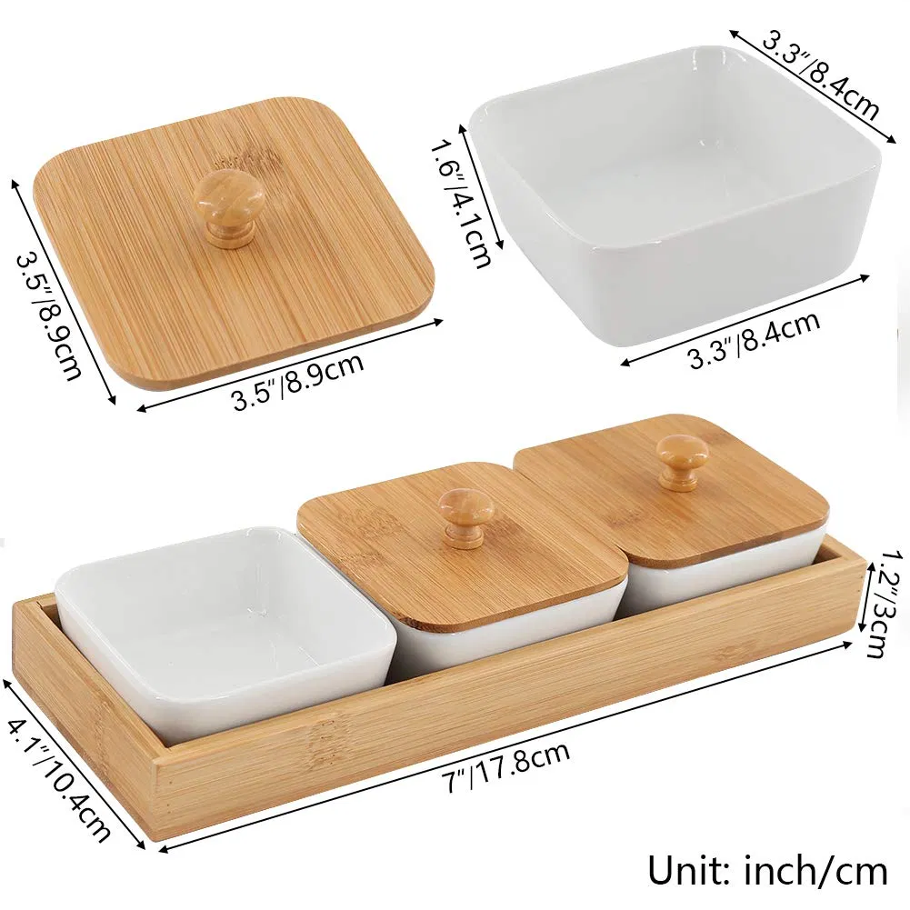 OEM Ceramic Appetizer Snack Serving Tray Compartment Ceramic Condiments Serving Platter with Bamboo Lid and Pallets for Snacks