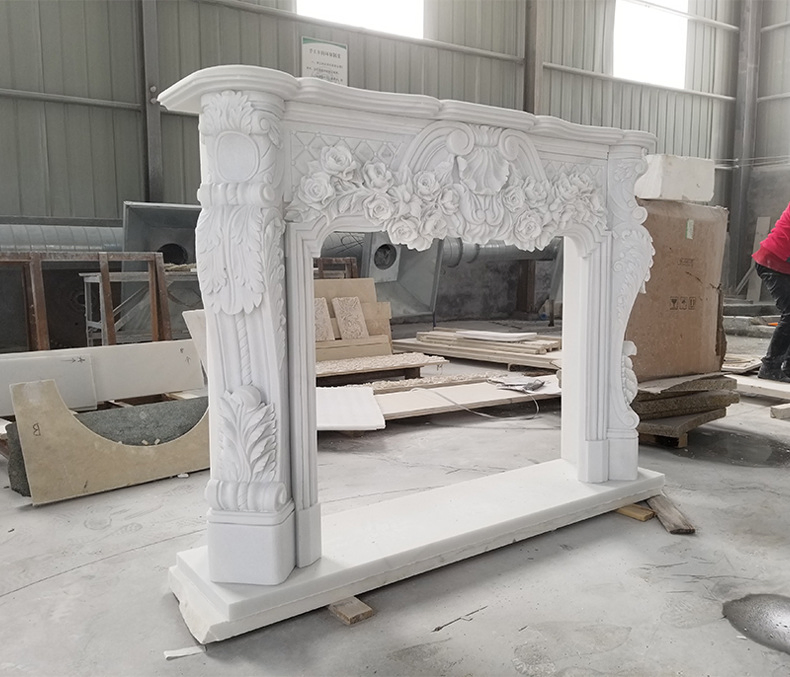 Hand Carved Natural Stone White Luxry Flower Marble Fireplace Surround Mantel