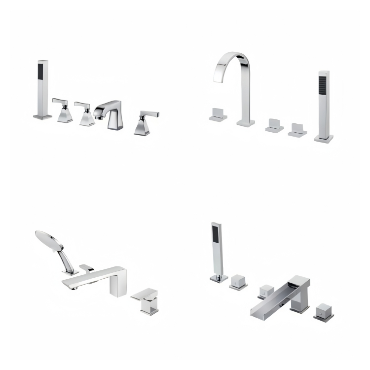 Bathtub Deck Mounted Polished Brass 5 Hole Faucet with Hand Shower Waterfall