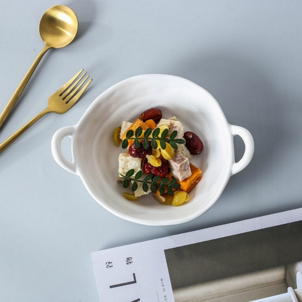 Ceramic Soup Bowl Big Capacity White Rock Surface Rice Ramen Noodle Salad Bowl