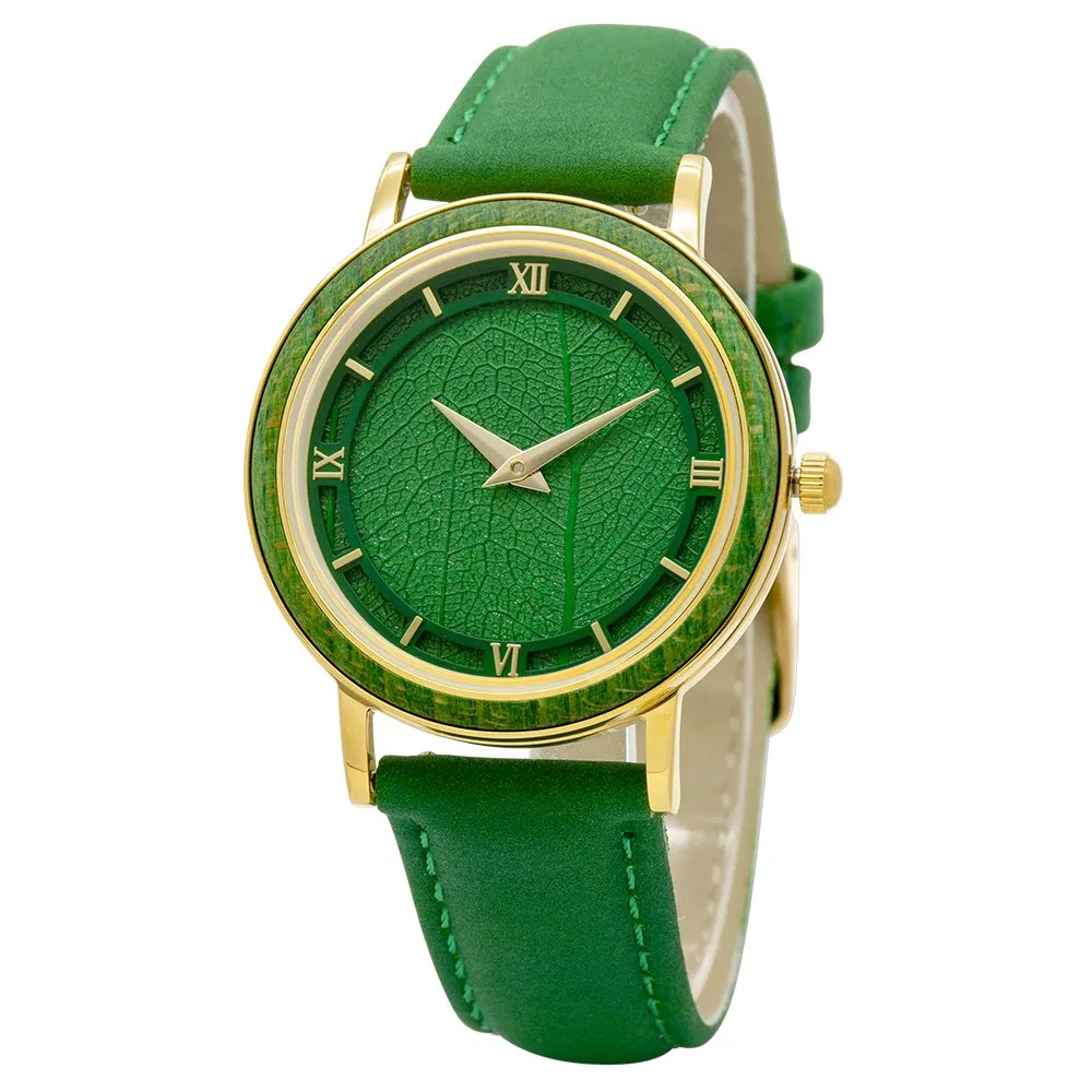 Simple Style Real Leaf Dial Vegan Leather Strap Wood Wristwatches Lady Size Natural Wood Watch for Young Ladies