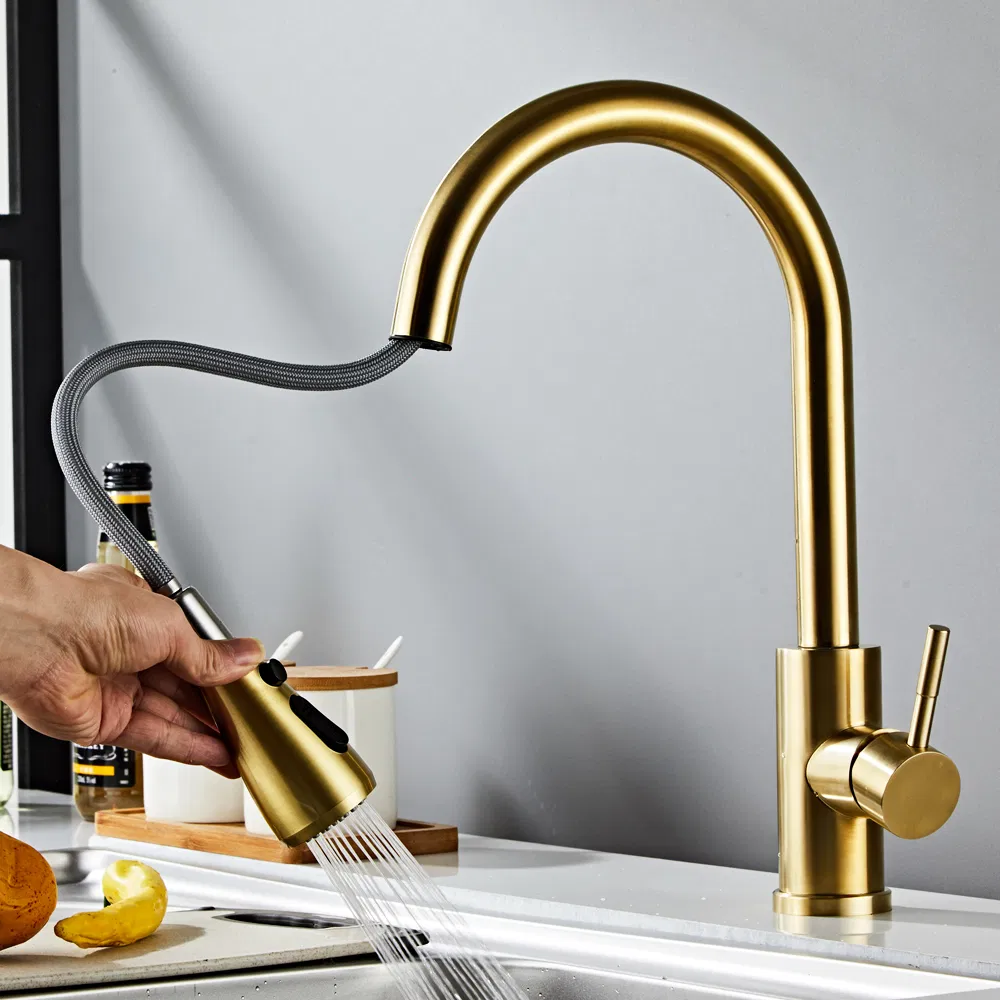 Brass Copper Long Neck Swivel 1hole Single Lever Pull out Kitchen Sink Water Faucet Kitchen Water Mixer Taps