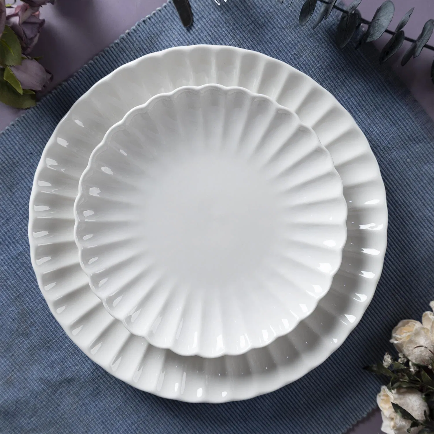 Wholesale European Style Dinner Plate French Perle Scallop Dinner Set White Porcelain Ceramic Tableware Dinnerware Set