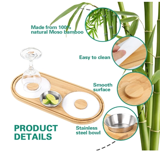 Bamboo Sugar Margarita Salt Rimmer Set Bartender Tool for Cocktail with 2 Stainless Steel Bowl