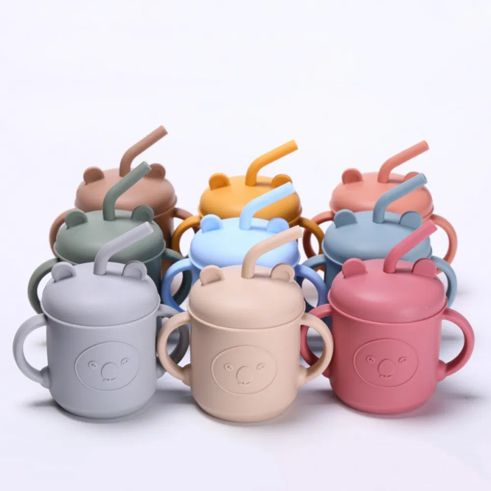 Silicone Cups for Baby Drinking Training Mini Adorable Cup with 2 Hands and Straw Baby Cups