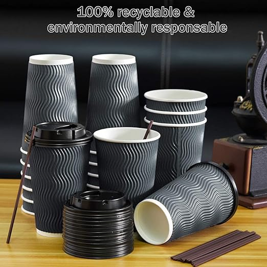 Biodegradable Disposable Coffee Paper Cup Ripple Wall Paper Coffee Cups with Lids