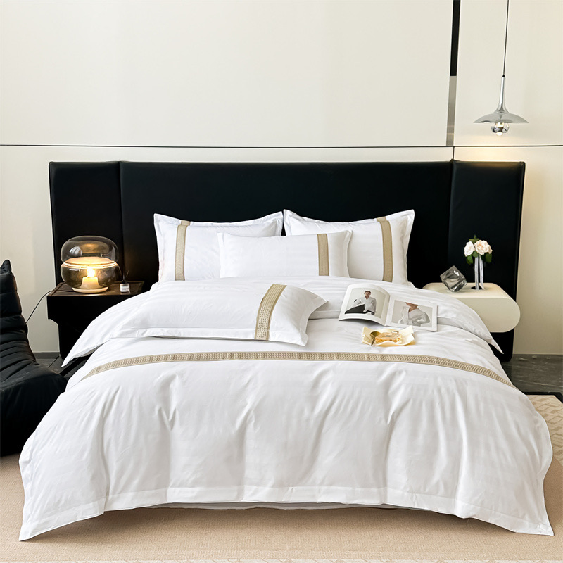 Pure Cotton White Hotel Linen ODM/OEM Embroidery Printed Duvet Cover Bed Sheets Queen King Size Sabanas Quilt Cover Webbing Sateen Four Pieces Bedding Set