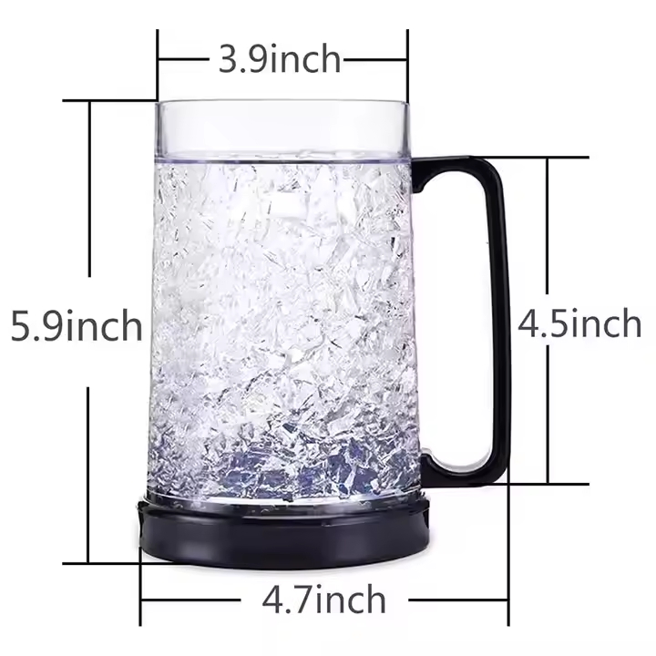 Clear Black Blue16oz Double Wall Gel Freezer Drinking Plastic Cups Cooling Beer Mug with Handle