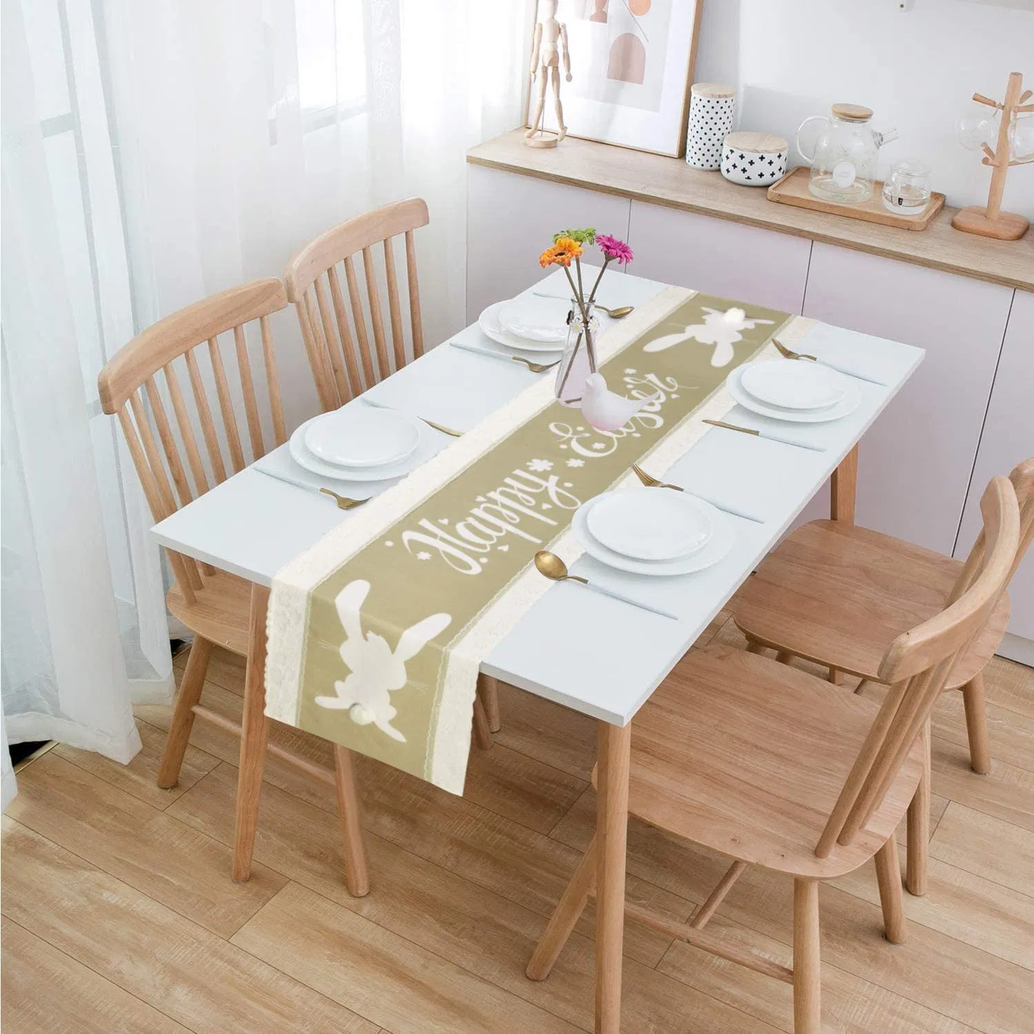 Easter Summer Spring Table Runner 100% Polyester Faux Linen, with 3D Applique Embroidery Pattern