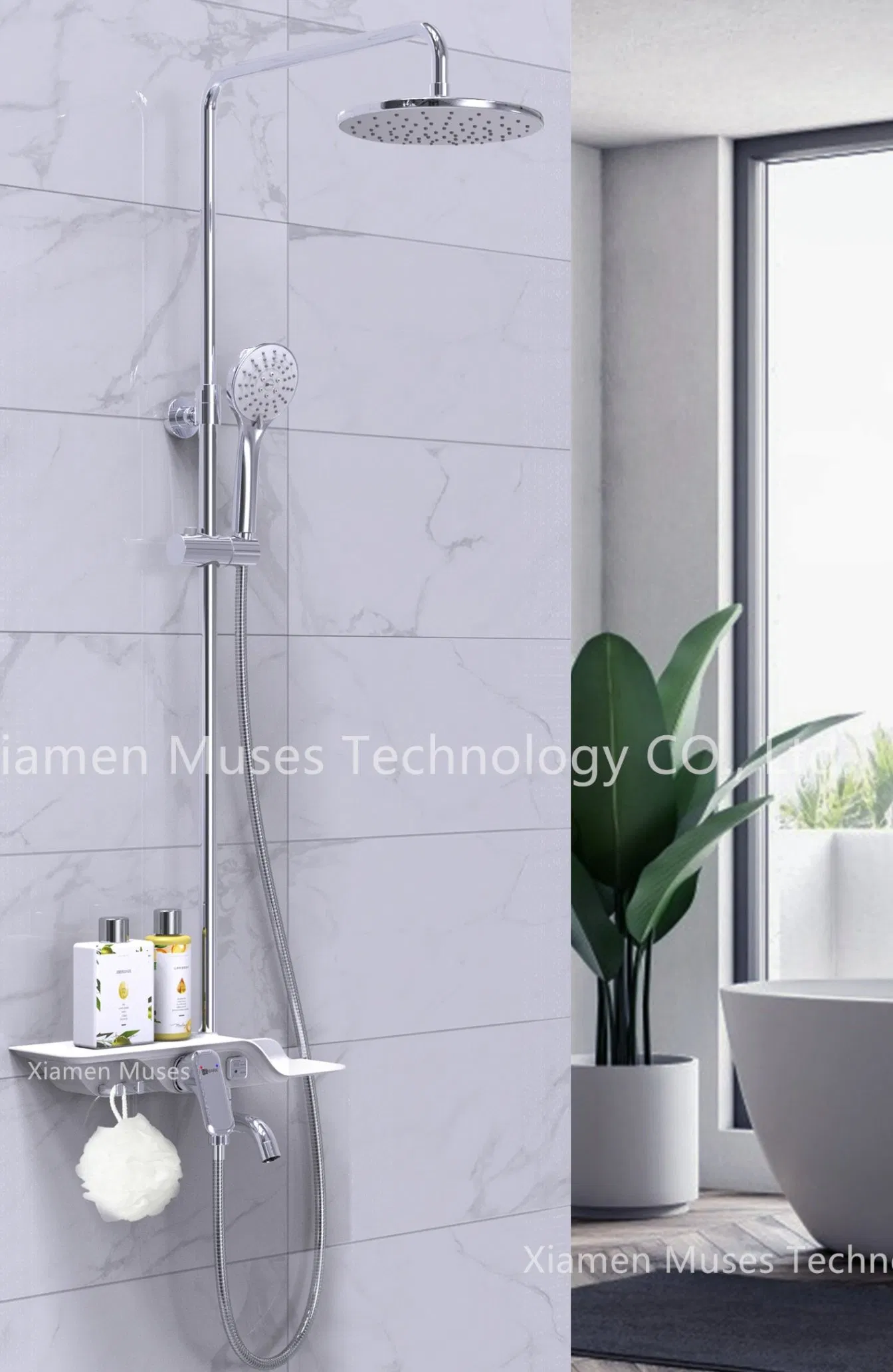 3 Way Matt Black Bar Shower Bathroom Shower Faucet Shower Column Shower Mixer Shower Enclosure with Shelf, Rain Shower, Hand Shower, Bathtub, Hook, Holder