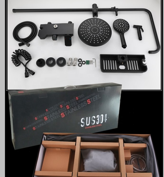 Round Top Rainfall Wall Mounted Single Handle Bathroom Stainless Steel 304 Black Shower Head Shower Set