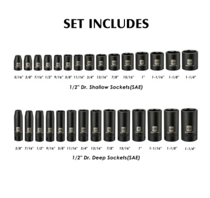 Набор ударных головок 1/2 дюйма, 70 предметов, SAE и метрика