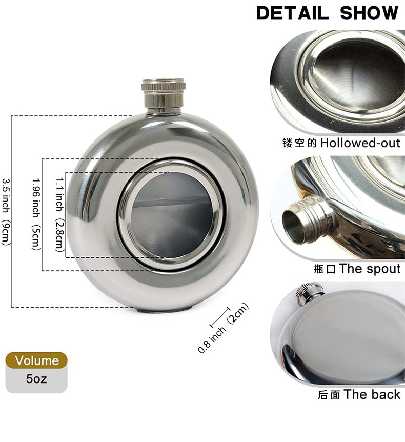 Stainless Steel Round Wine Bottle with Glass Decoration Portable Metal Wine Flask