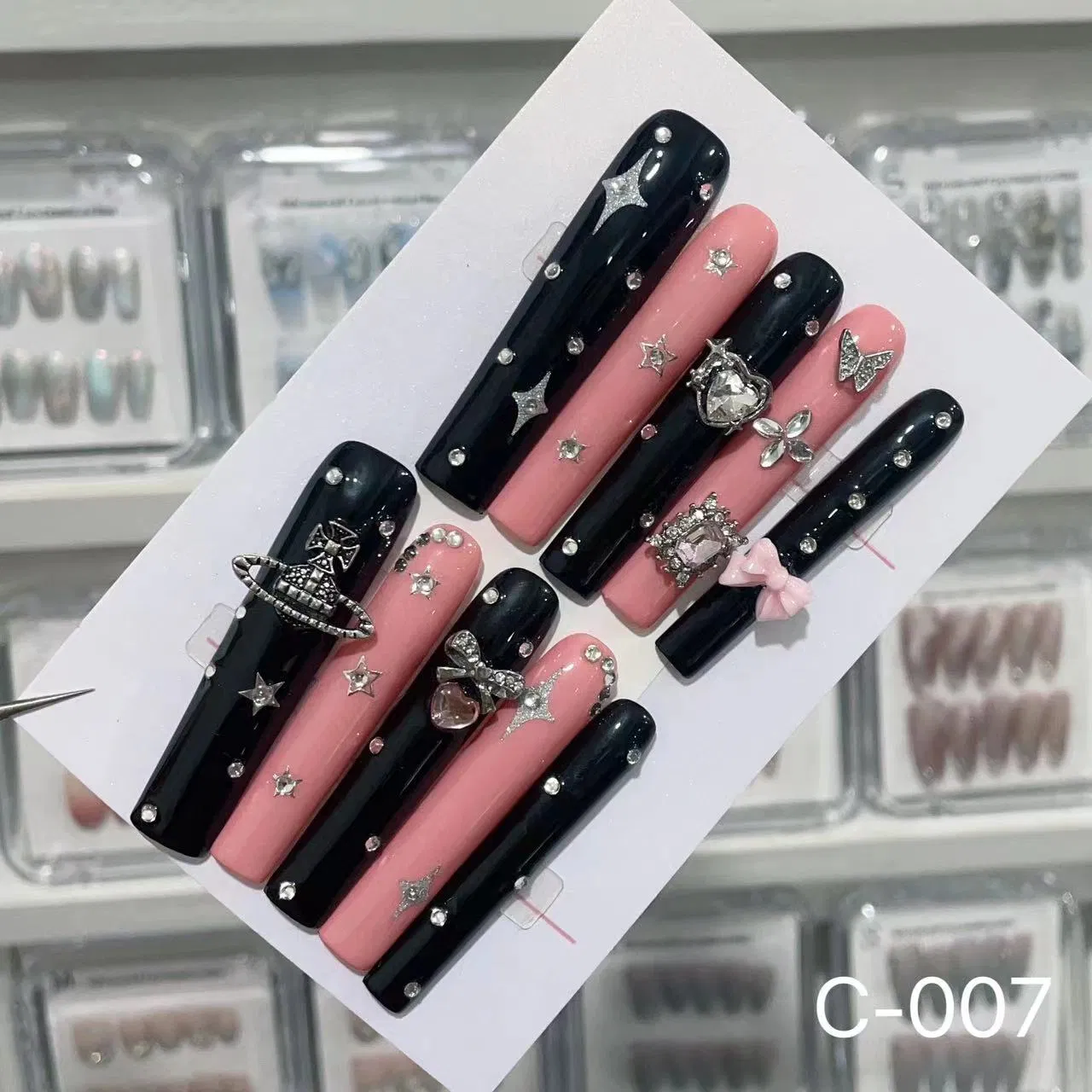 French Long Coffin Fake Nails DIY Tips UV Gel Press on False Nail Rhinestones Artificial Fingernails Wholesale Luxury Brand Handmade Artificial Private Label