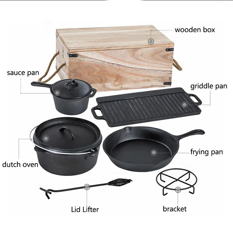 Amazon Wholesale 10 P CS Cast Iron Cookware with Wooden out Door Camping Cookware Set