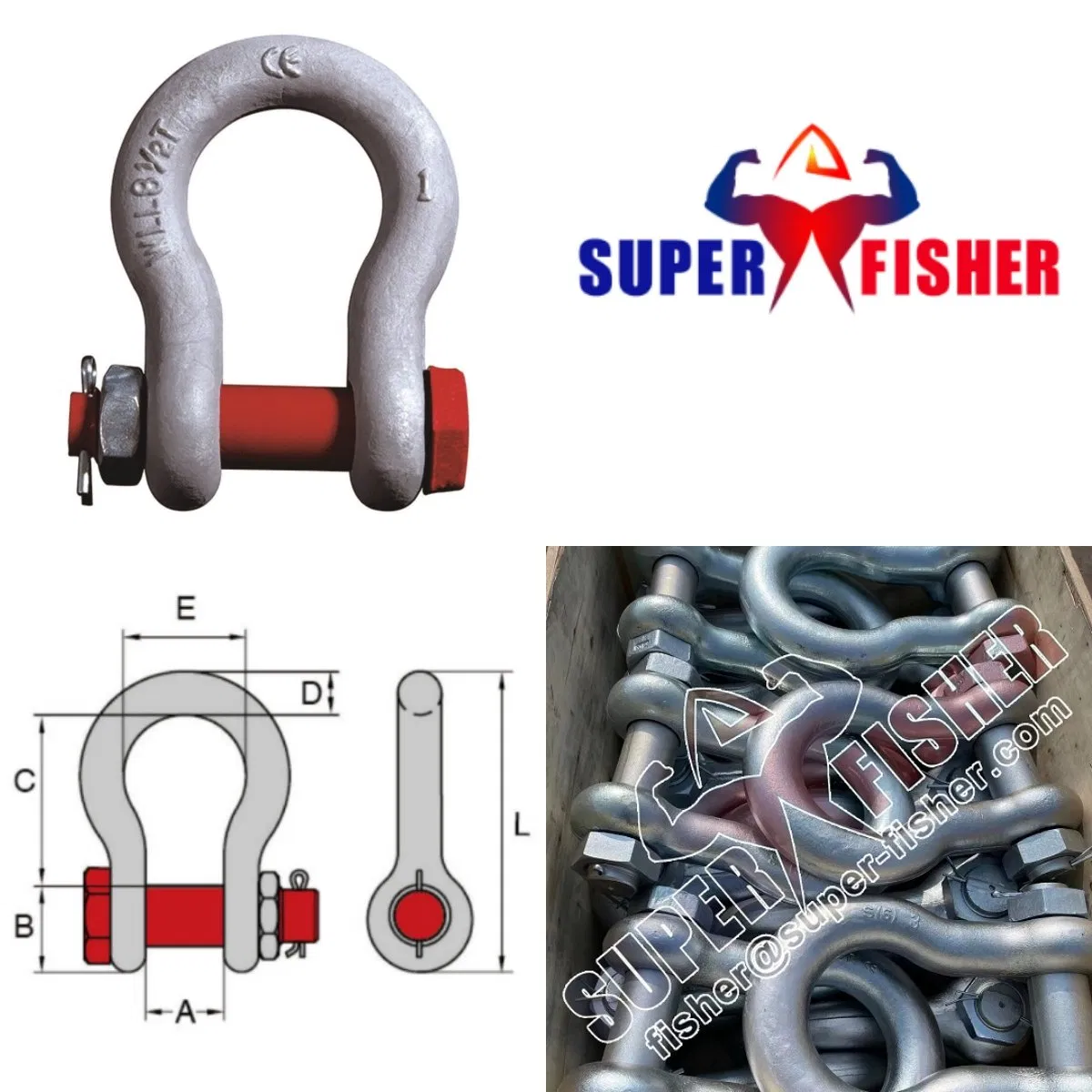 Super Fisher High Strength Bolt Type Bow Shackle 3/16"-4" Wll 0.33t-150t