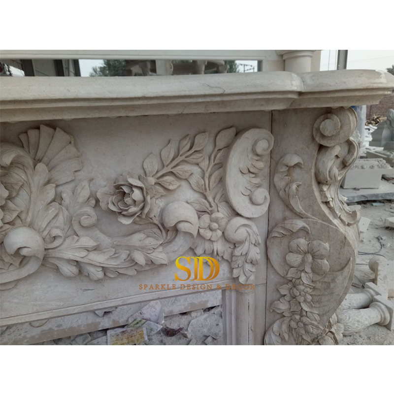 Hand Carved Beige Limestone Fireplace Surround with Roses