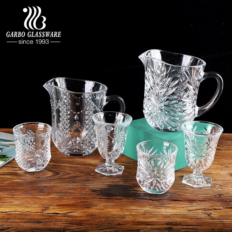 China Made Barware Beverage Set 46oz Glass Pitcher Glass Carafe Jug 7.5oz Embossed Glass Tumbler Whiskey Glass Cup 7PCS Glass Drinking Set