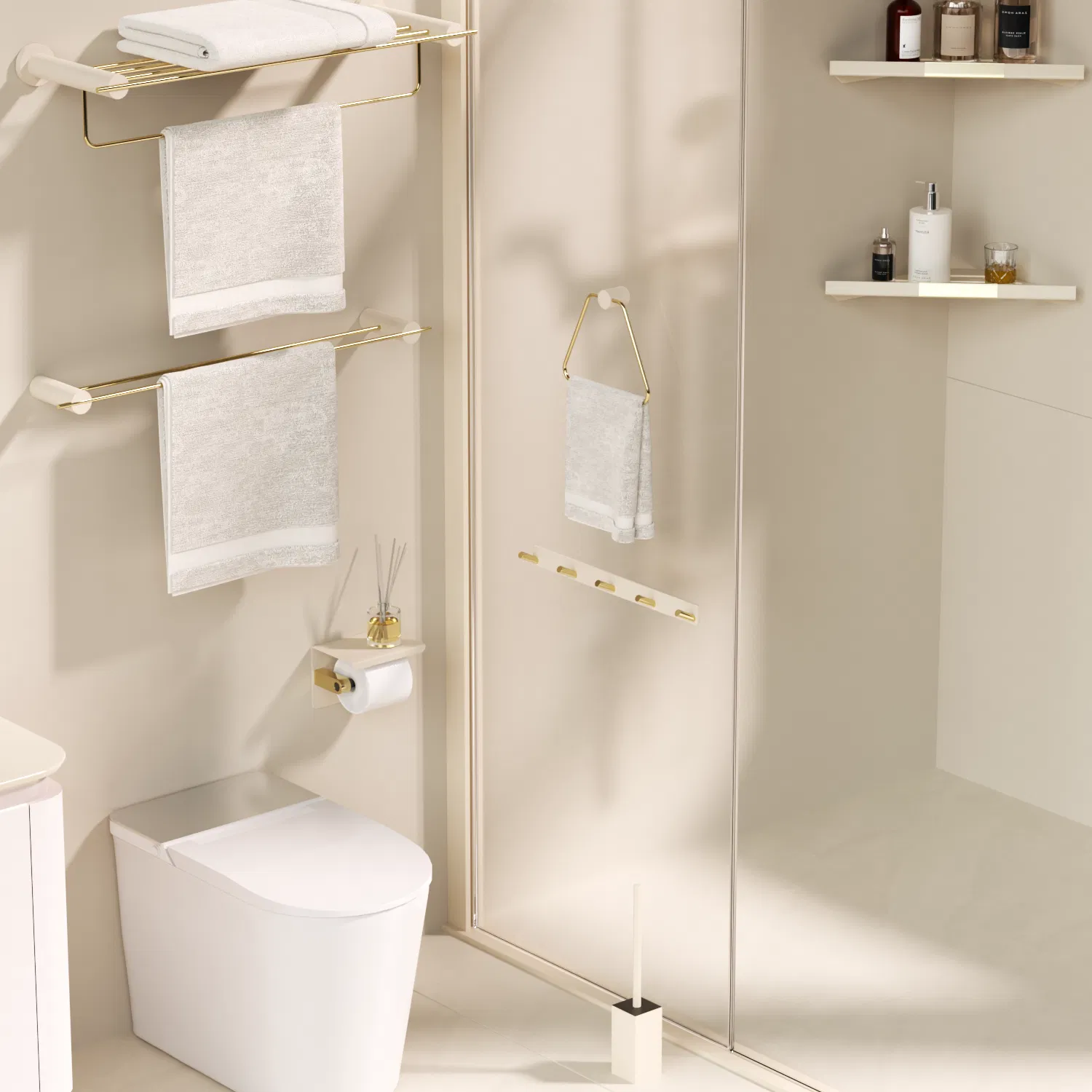 Luxury Bathroom Design Wall Mount Gold White Brass Bathroom Accessories Set