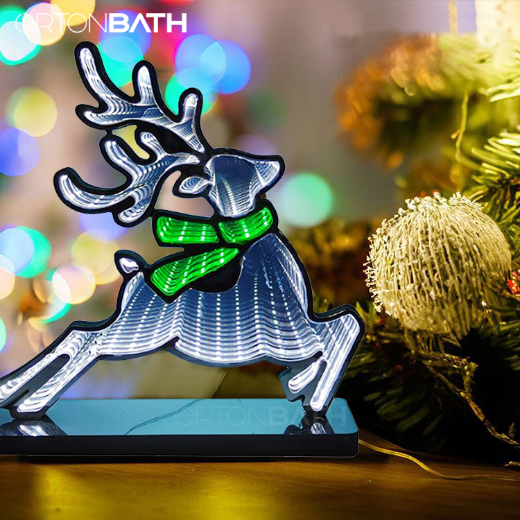 Ortonbath Santa Infinity Deer Mirror Light with Stand,LED Christmas Decoration - USB-Powered - Santa Claus 3D LED Infinity Light - Indoor Seasonal Holiday Decor