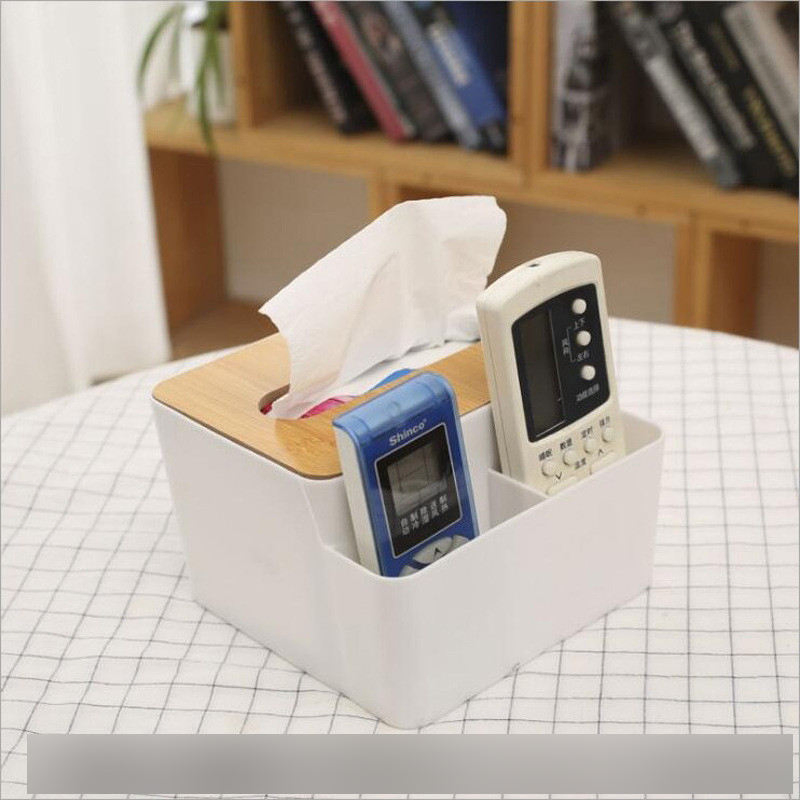 Stylish White Plastic Napkin Holder with Bamboo Lid for Home
