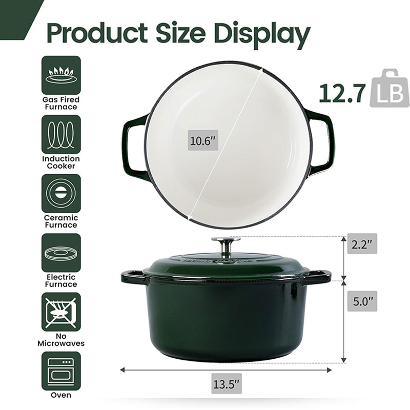 Enameled Cast Iron Dutch Oven 6 Quart, Enamel Dutch Oven Pot with Lid, Dual Handles, Bread Oven, Cookware, Braiser for Soup, Meat, Bread Baking, Green