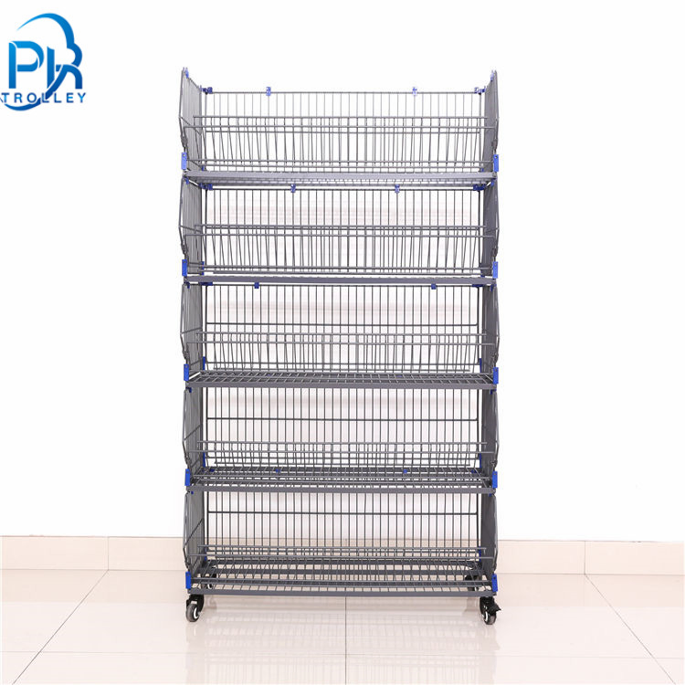 Customized Supermarket Teirs Folding Stackable Storage Wire Display Basket