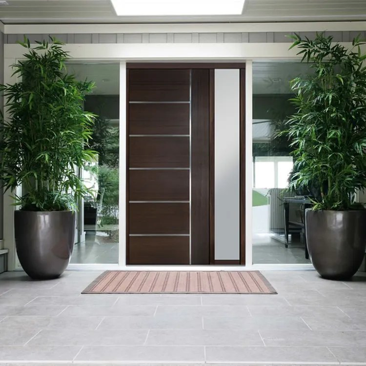 Customized Front Main Entrance Solid Villa Swing Pivot Wooden Doors with Glass Sidelights