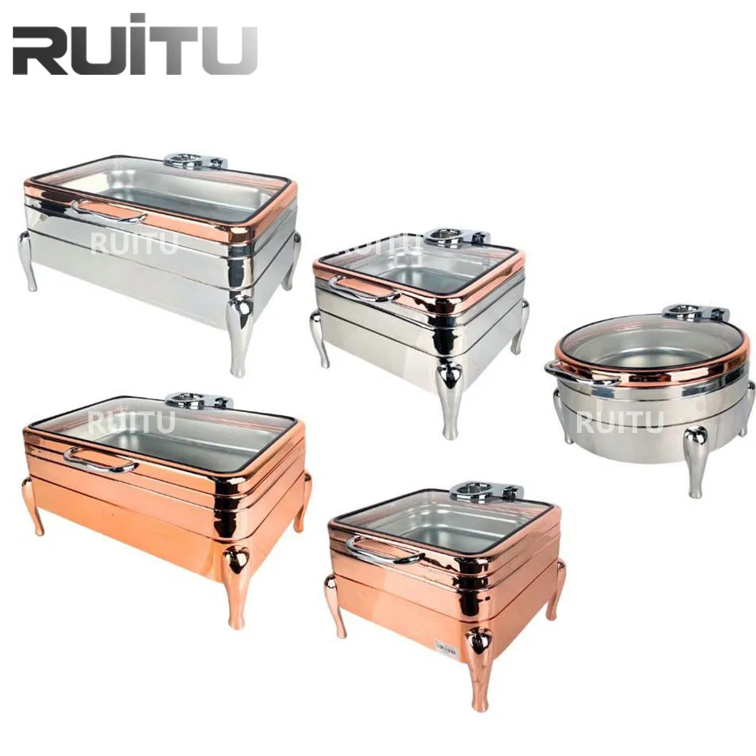 Buffet Oblong Chafer Food Warmer Hydraulic Glass Lid Rose Gold Chafing Dish Buffet Set