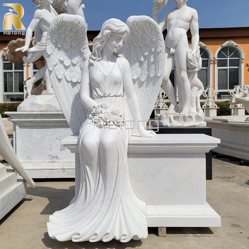 Hot Sale White Marble Stone Cemetery Weeping Angel Tombstone Memorial Angel Headstone