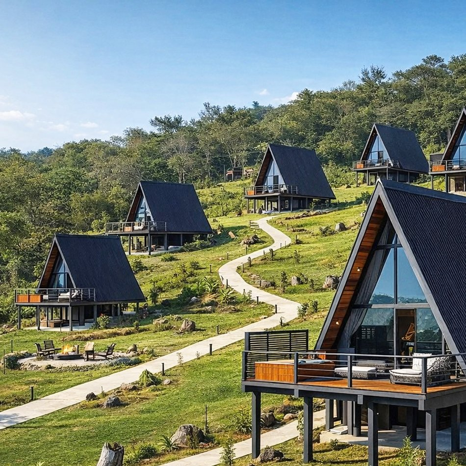 Modular a Frame Resort Style Design Prefab Mountain Hut Cabin Wood Look Insulated Airbnb House Cabins Mobile House for Commercial Accommodation Projects